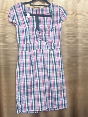 Pink and Black Plaid Midi Dress with Cap Sleeves